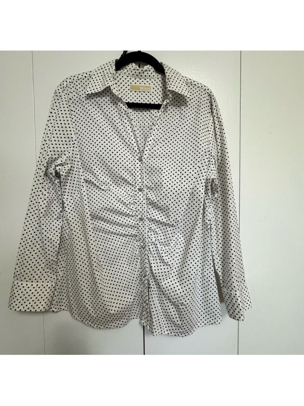 Michael Kors White and Black Ruched Long Polka Dots Sleeve Button Down Shirt L